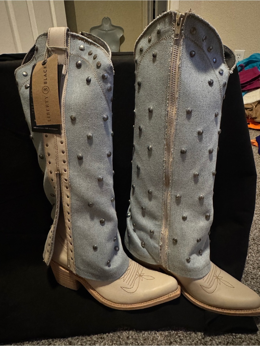 LIBERTY Black Denim Studded Western Boots - Picture 2 of 8
